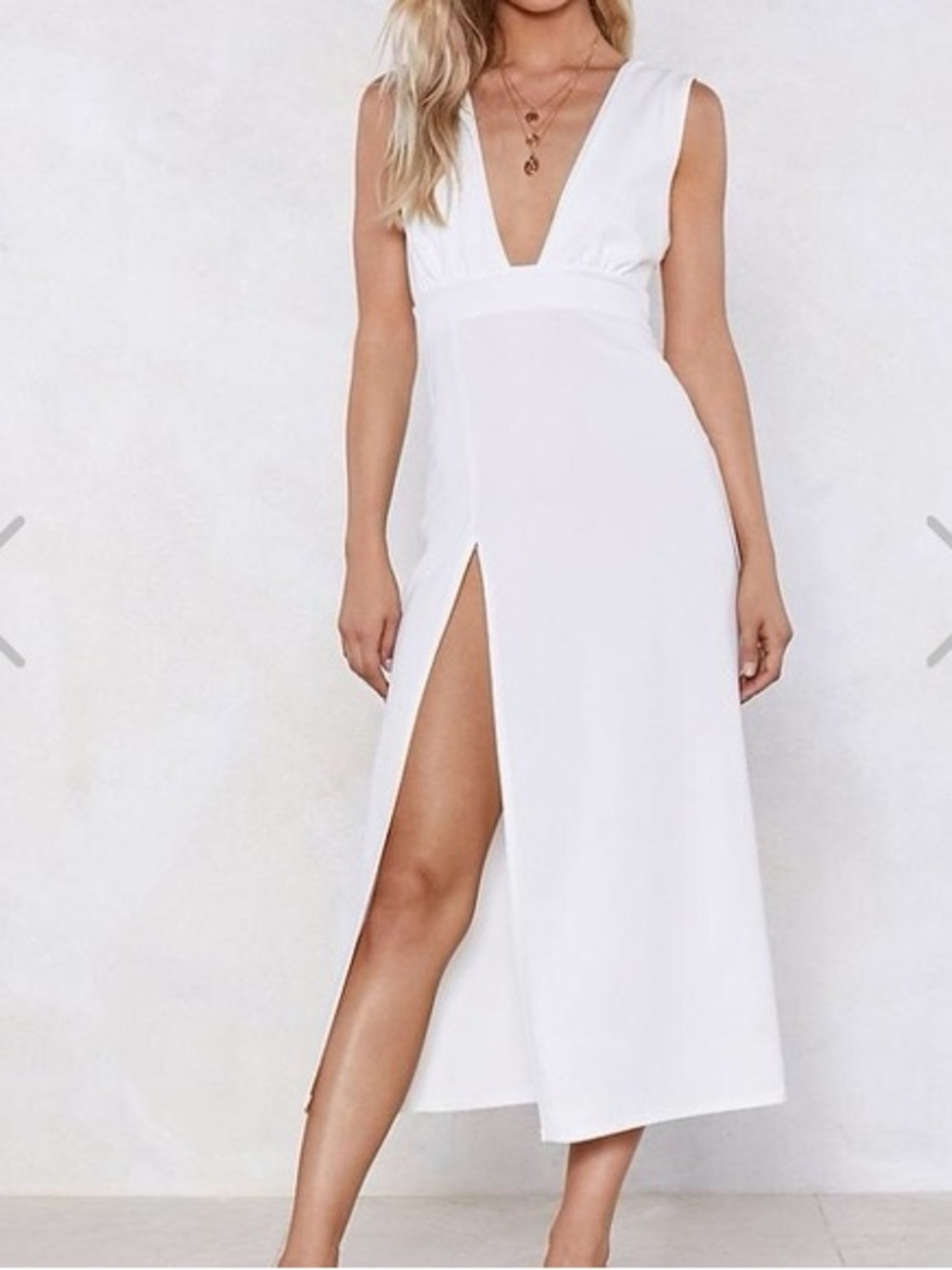 Nasty Gal White Plunging V Midi Dress with High Slit